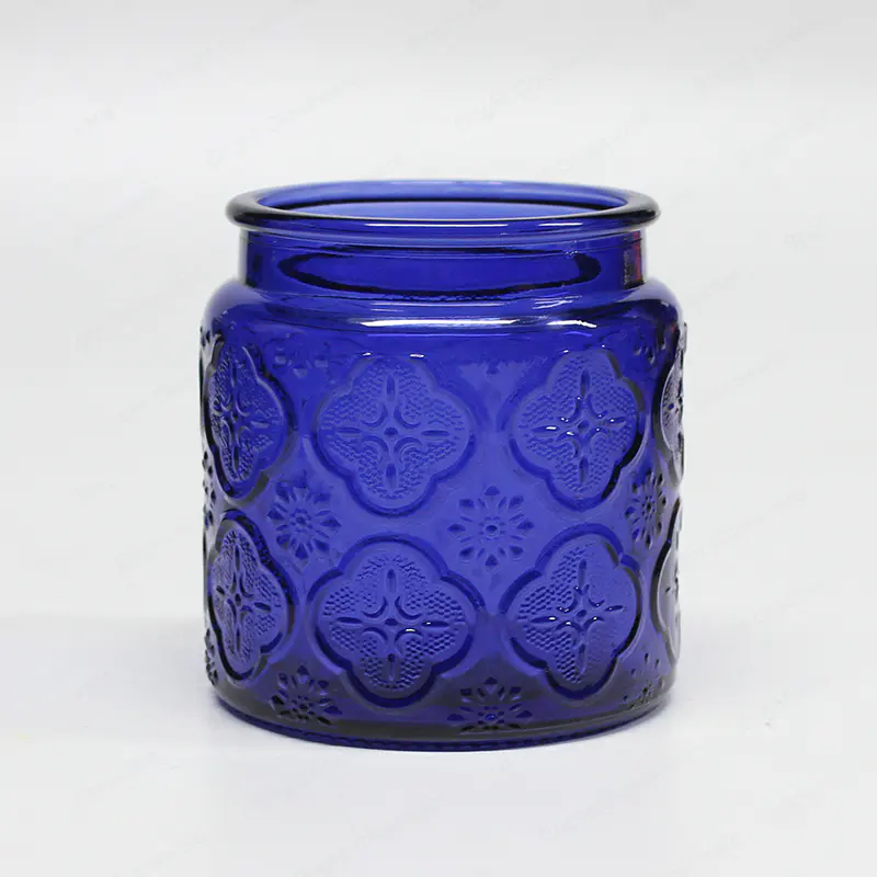 中国玻璃罐蜡烛压花喷涂蓝色玻璃蜡烛罐带盖