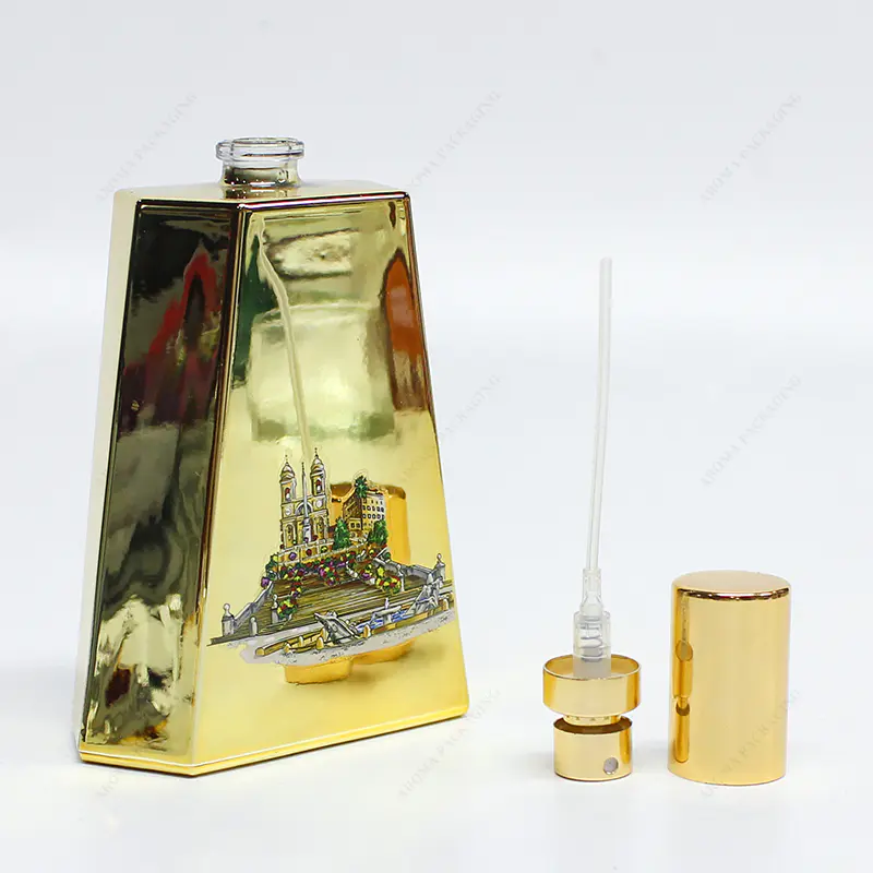 免费样品邮票定制图案金色玻璃香水瓶，带皮肤泵