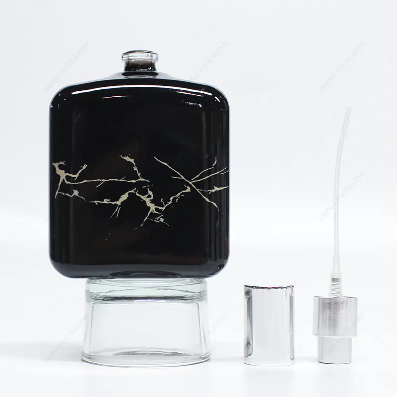 免费样品丝印烫印黑色方形玻璃皮肤香水瓶