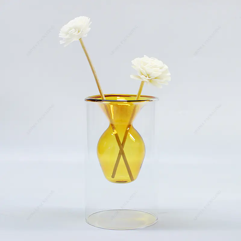 Haute bouteille de diffuseur de roseaux ronds jaunes à double couche de borosilicate pour parfum de bricolage