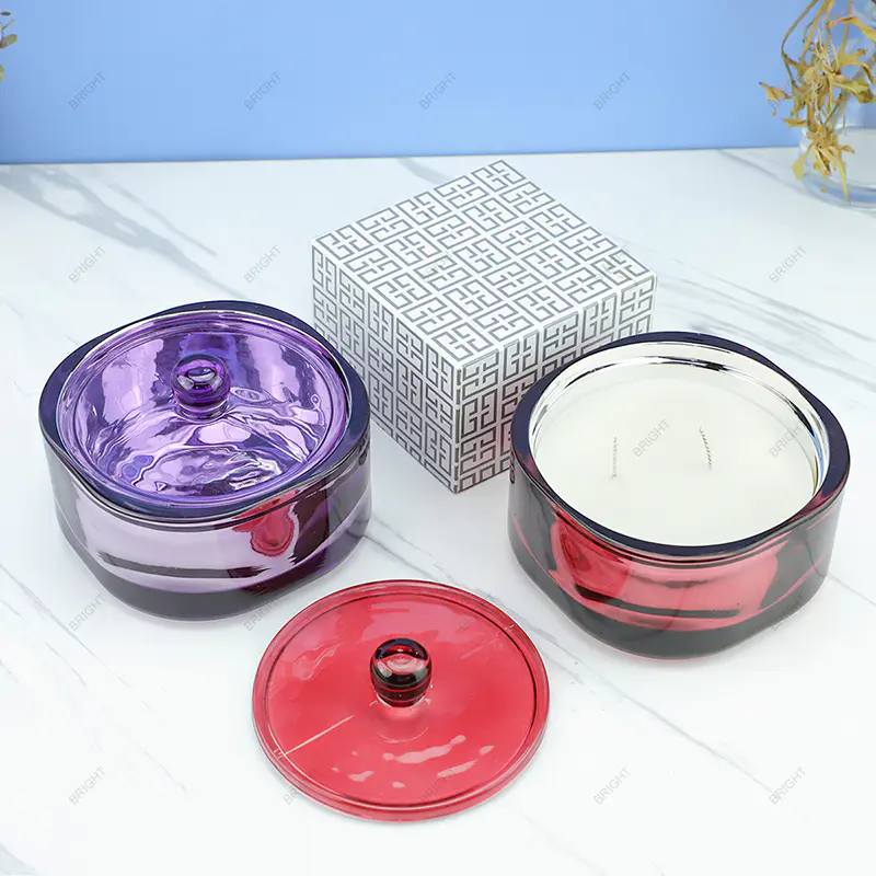 Nuevo estilo de frasco de vela de vidrio rojo púrpura 8 oz 10 oz 12 oz con tapa y caja
