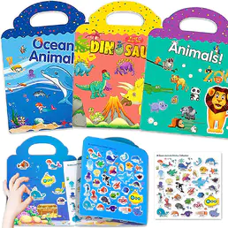 Cărți autocolante reutilizabile pentru copii, 3 seturi de călătorie detașabile cărți autocolante pentru copii mici pentru 2 3 4 5 ani fete băieți cadouri de ziua de naștere cadouri educaționale de învățare jucării pentru vârsta de 2-4 ani - Ocean & Zoo Animale, dinozaur