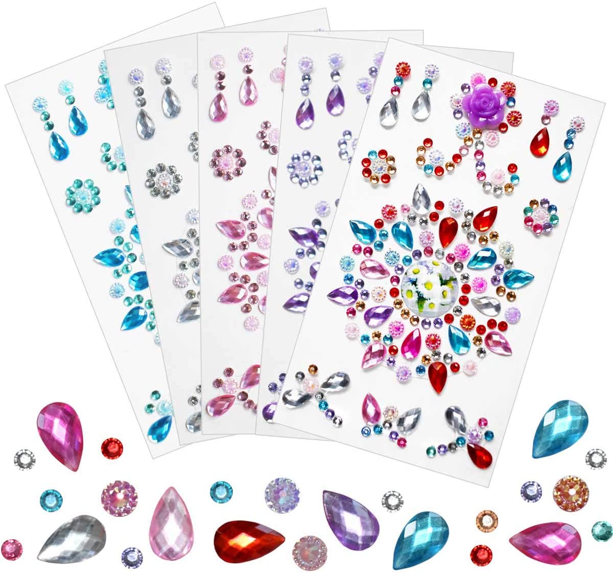 5 Sheets Jewels Stickers Self-Adhesive Craft Jewels and Gems Assorted Size Crystal Gem Flatback Sticker Mixed Shapes Rhinestone for Crafts Bling Jewel for DIY Crafts Arts Projects Nail Body Multicolor