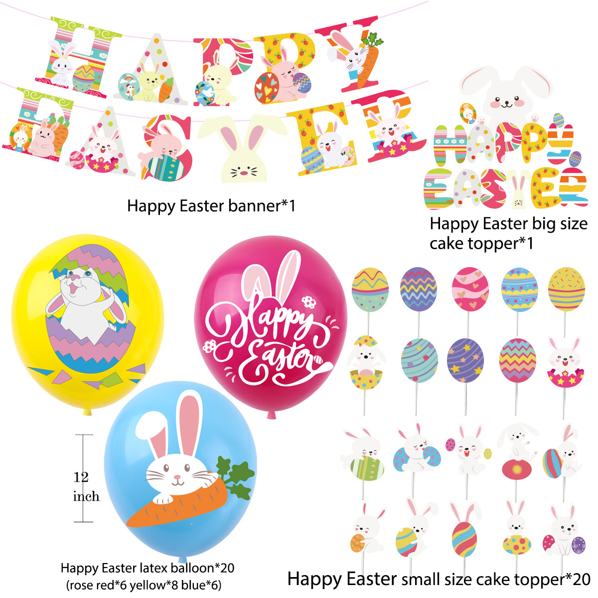 Easter Party Decorations Set, Includes Happy Easter Banner, Easter Egg Bunny balloon 20pcs Decorations,cake topper big size 1pc and small size 20pcs for Home Office School - Easter Party Ornaments Favors Supplies