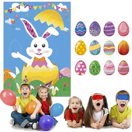 Pin The Egg On The Bunny Jeu de fête de Pâques pour les fournitures de fête, les jeux de fête garçon et fille comprennent une grande affiche de Pâques (28 pouces x 21 pouces), 24 œufs autocollants et 2 pcs Blindbands