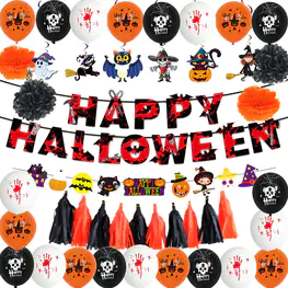 Halloweeni peokaunistused 36tk Halloweeni õhupallide komplekt Happy Halloween Banner Spider Black Cat Foil Õhupallid lateksist õhupallide ja rippuvate keeristega Halloweeni peo dekoratsiooniks