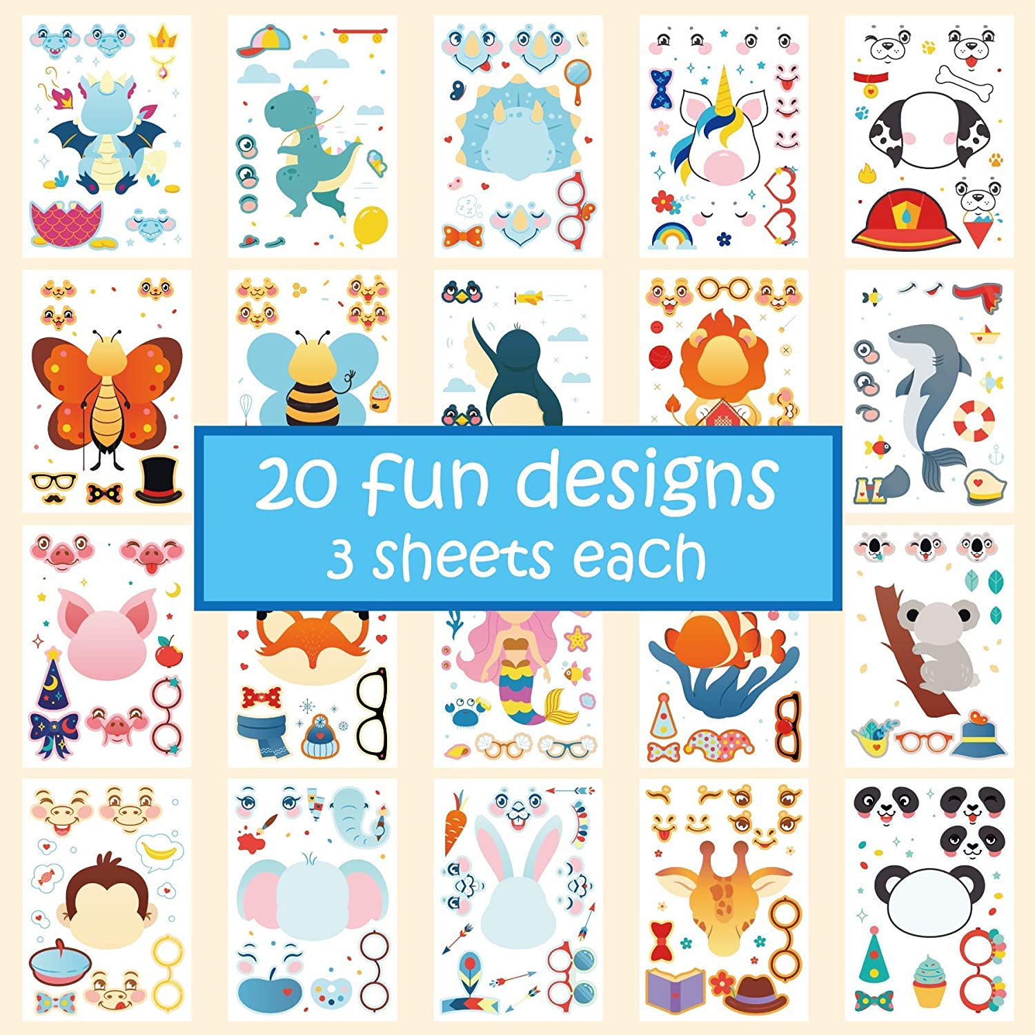 Maak je eigen stickers voor kinderen, Make-a-Face Stickers, 100 Pack 20 Dieren. Dierentuindieren, zeedieren, dinosaurussen en meer, geschenk van festival, beloning, kunstambacht, feestgunsten, school