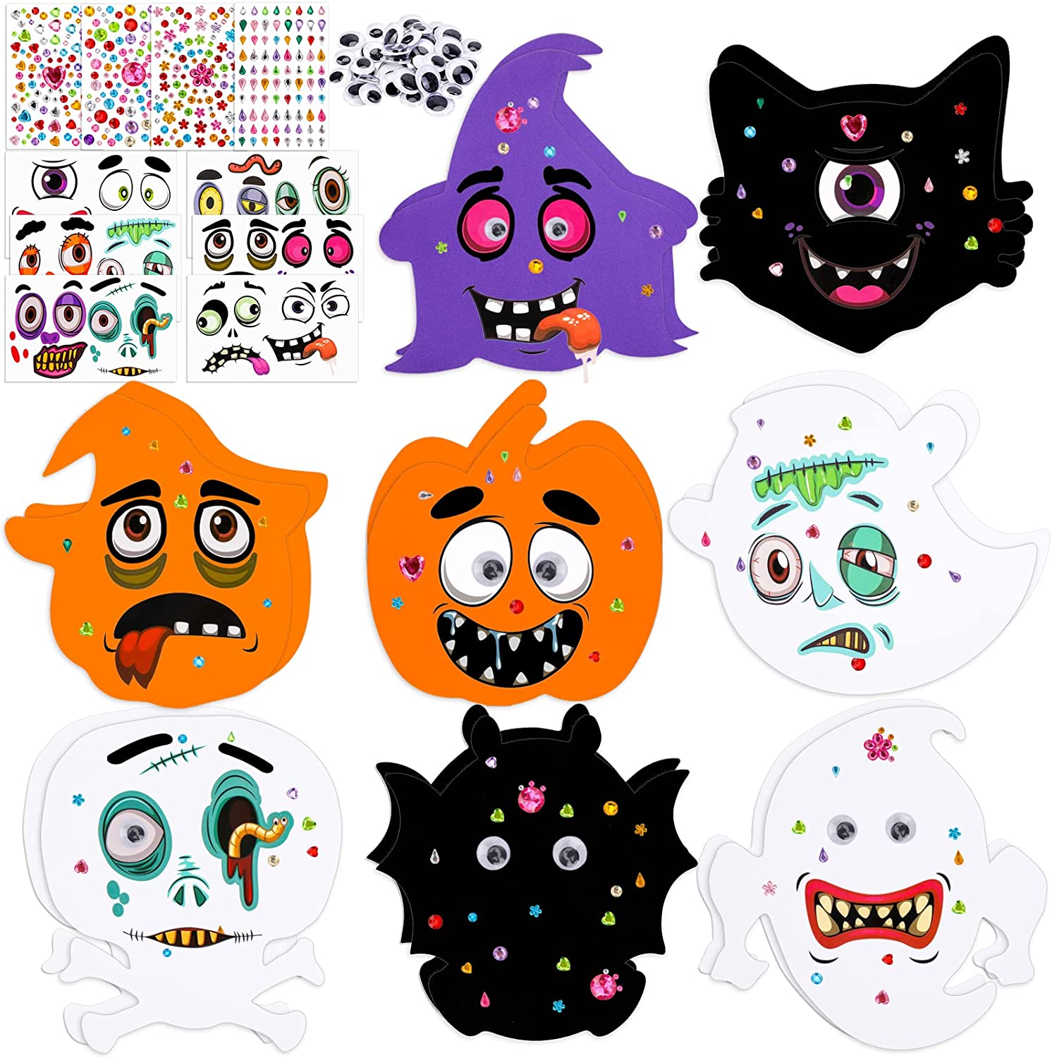 Halloween Foam Craft Kit lapsille, 64 kpl Kurpitsa Ghost Ghost Bat Cat Witches Skull Foam with Face Stickers Valikoima Heiluvia silmiä Timanttitarrat, DIY-maalaus käsityöt juhlapalveluksiin Koristelu