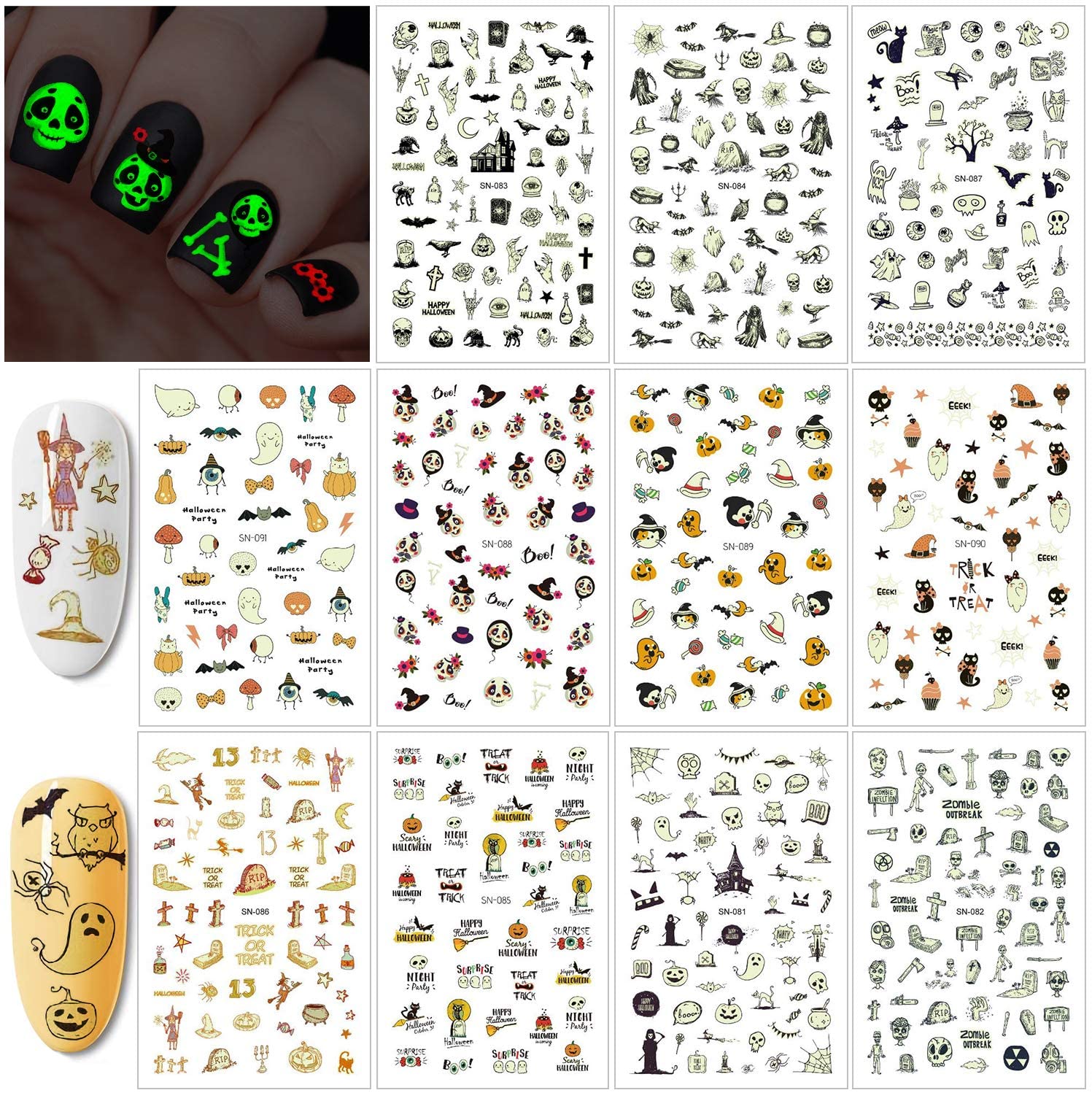 Glow in The Dark Halloween Nail Sticker Peel et Halloween Autocollants d’ongles autocollants, Pumpkin Monster Nail Art pour les enfants Halloween Party Supplies Trick or Treat Party Bag Fillers