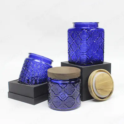 卸売エンボス加工された青いガラス貯蔵瓶、貯蔵用、毎日の台所使用、キャンドル作り