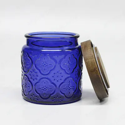 도매 럭셔리 양각 사용자 정의 패턴 블루 유리 저장 항아리 촛불