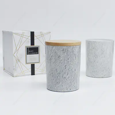 공장 만든 라운드 예술적 패턴 회색 유리 캔들 항아리 나무 뚜껑 데코