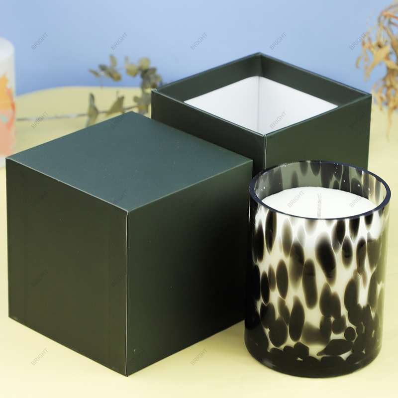 無料サンプル黒と白のヒョウ柄ガラスキャンドルジャー、キャンドル作り用のボックス付き