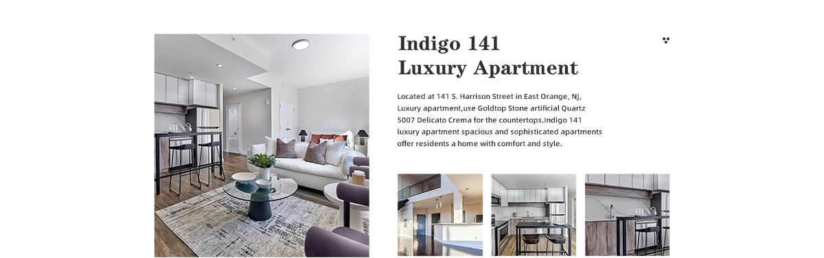 Located at 141 S. Harrison Street in East Orange, NJ,  Luxury apartment,use Goldtop Stone artificial Quartz  5007 Delicato Crema for the countertops.Indigo 141  luxury apartment spacious and sophisticated apartments  offer residents a home with comfort and style.