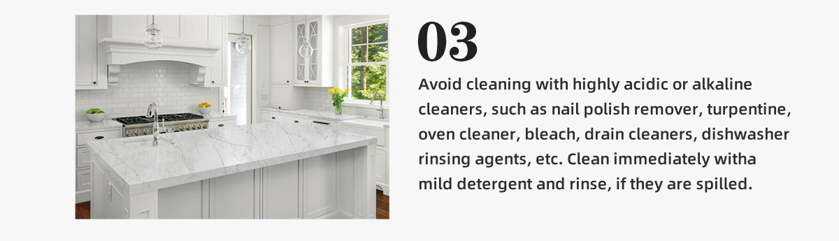 Avoid cleaning with highly acidic or alkaline  cleaners, such as nail polish remover, turpentine,  oven cleaner, bleach, drain cleaners, dishwasher  rinsing agents, etc. Clean immediately witha mild detergent and rinse, if they are spilled.