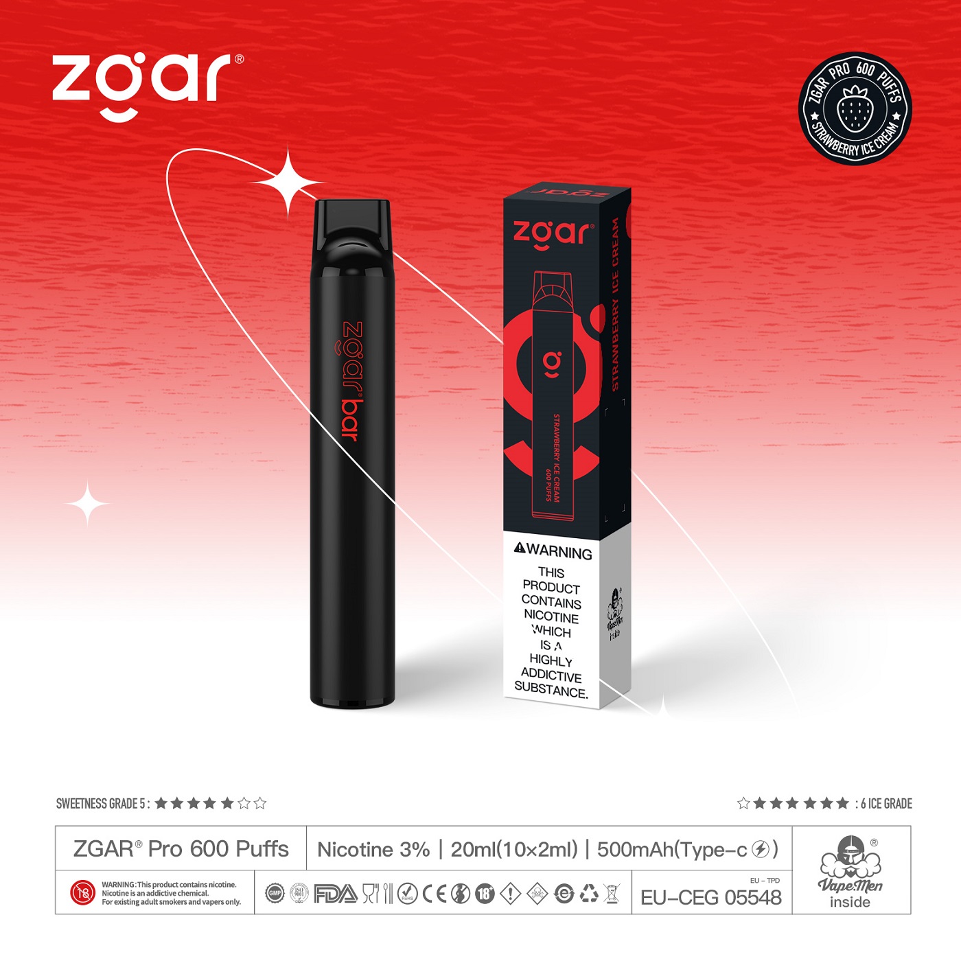 ZGAR 600 Strawberry Lce Cream