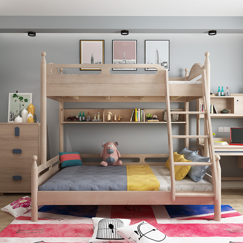 American Ash Solid Wood Kids Bed Bunk Bed With Bookshelf