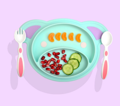 Pink pig silicone baby plates promotes self-feeding