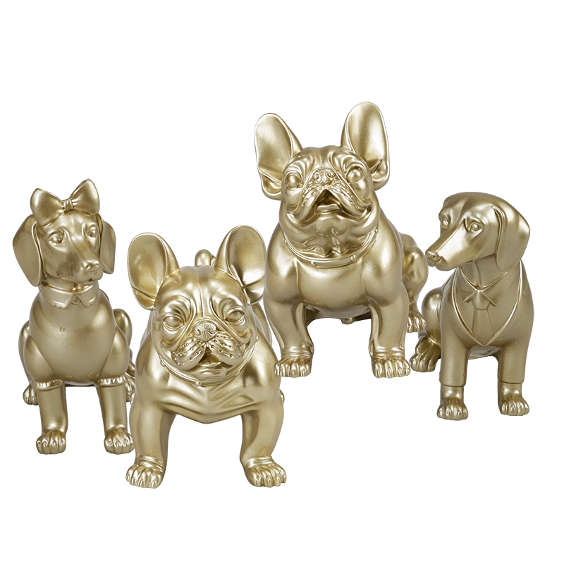 Estatuas de resina de maniquíes de perro de oro de fibra de vidrio en venta