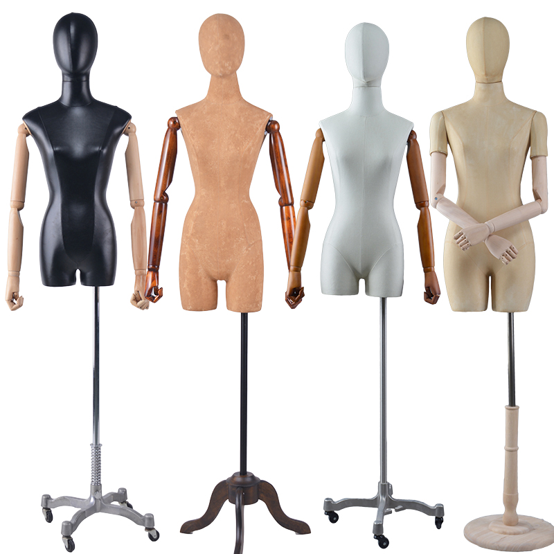 Mannequin de robe réglable en tissu demi-corps recouvert de fibre de verre avec des mains en bois (QFM)