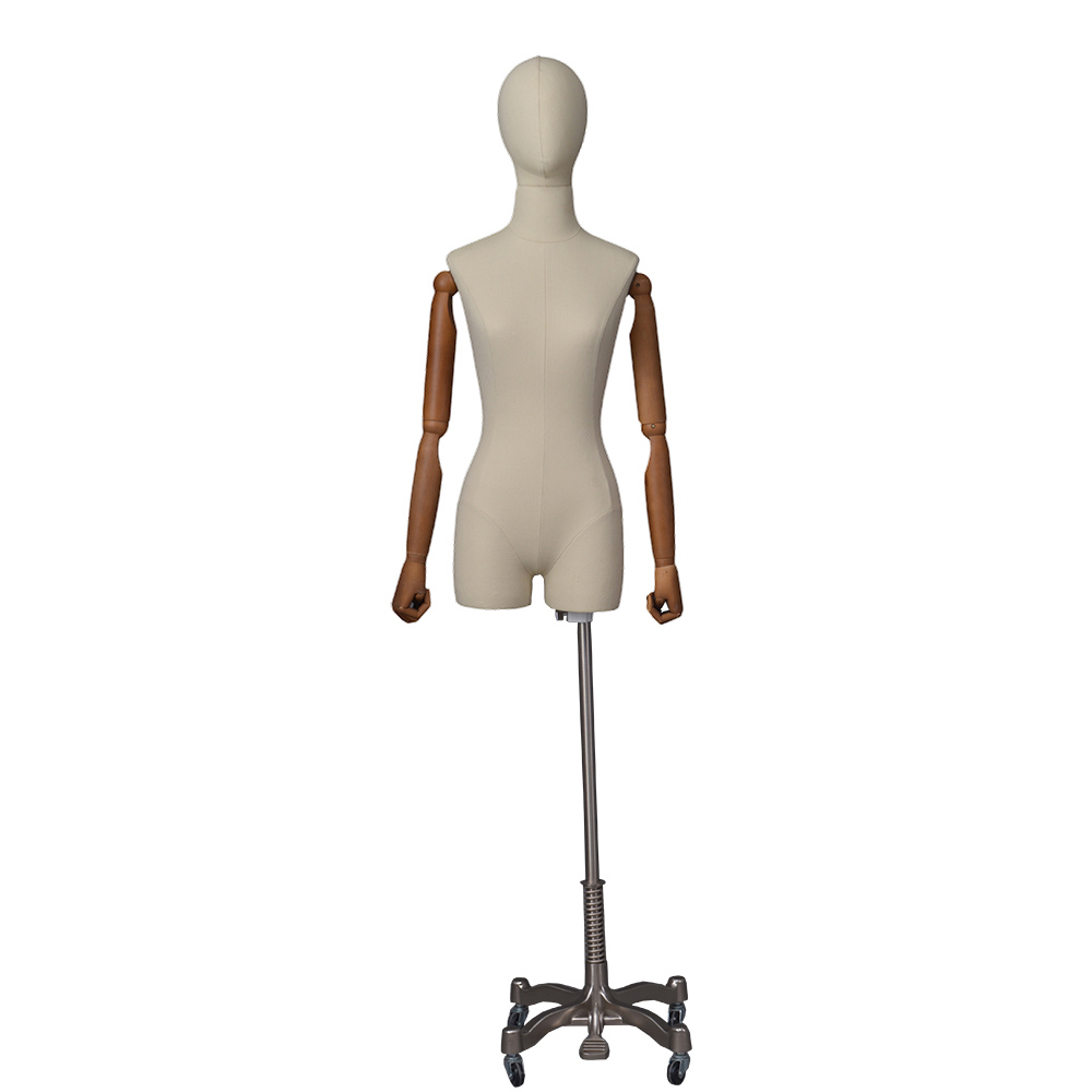 High quality fabric linen mannequins female with wooden hand cheap dress form for sale (IDM)