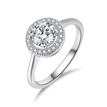SR042 925 Silver Round Pave Solitaire Cubic Zirconia Dainty Ring Rhodium Plated