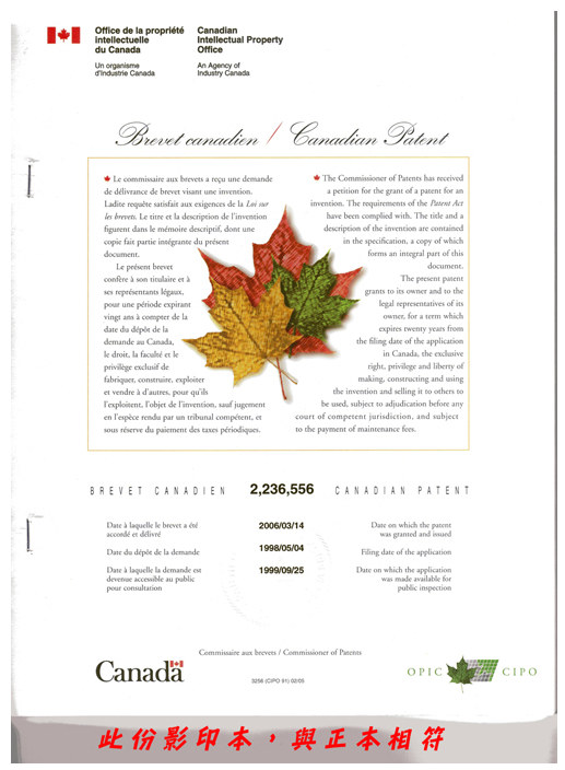 Certificados de Patente de Papel de Piedra de Canadá