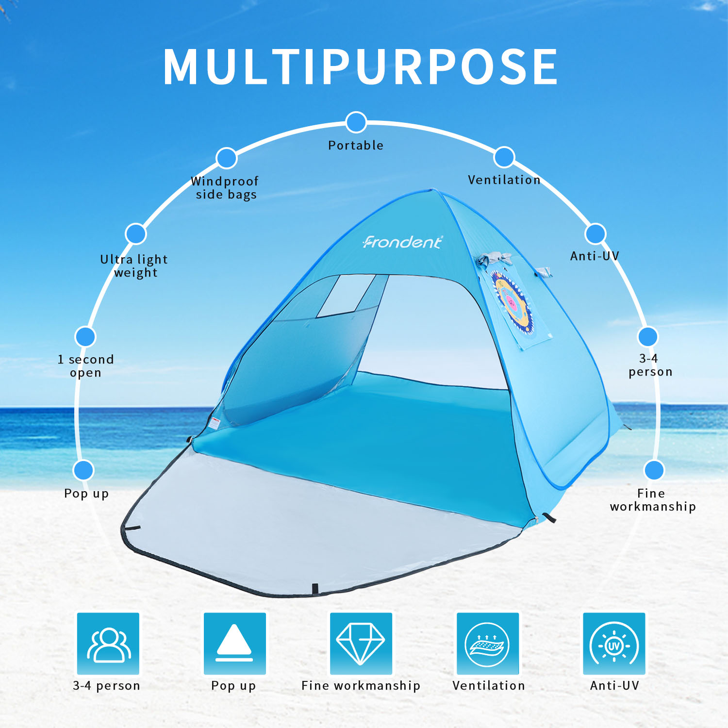 2021 Upgrade Beach Tent，UV Sun Shelter Lightweight Beach Sun Shade Canopy Cabana Beach Tents Fit 3-4 Person