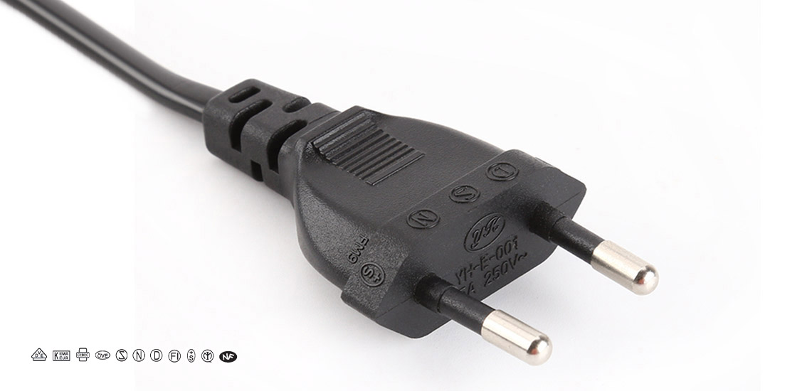 CE&VDE Approved 2 Pole Euro Plug, CEE 7/16, 2 Pole without Earthing Contact Power Cord