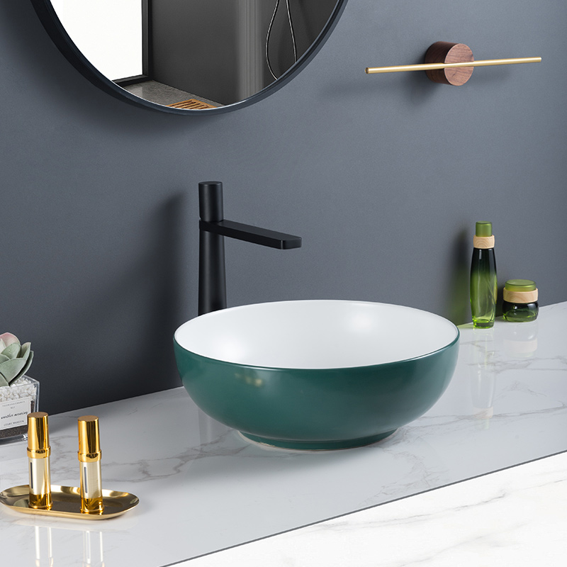 Round Green Ceramic Countertop Free Standing Wash Hand Basin For Bathroom