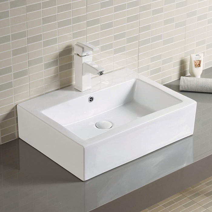 Modern Rectangular Shape Counter Top Mounted White Finish Ceramic Vessel Sink