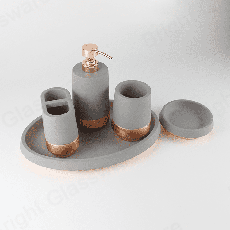 Marble Look with Rose Gold Trim 5 Piece Bathroom Accessory Set 