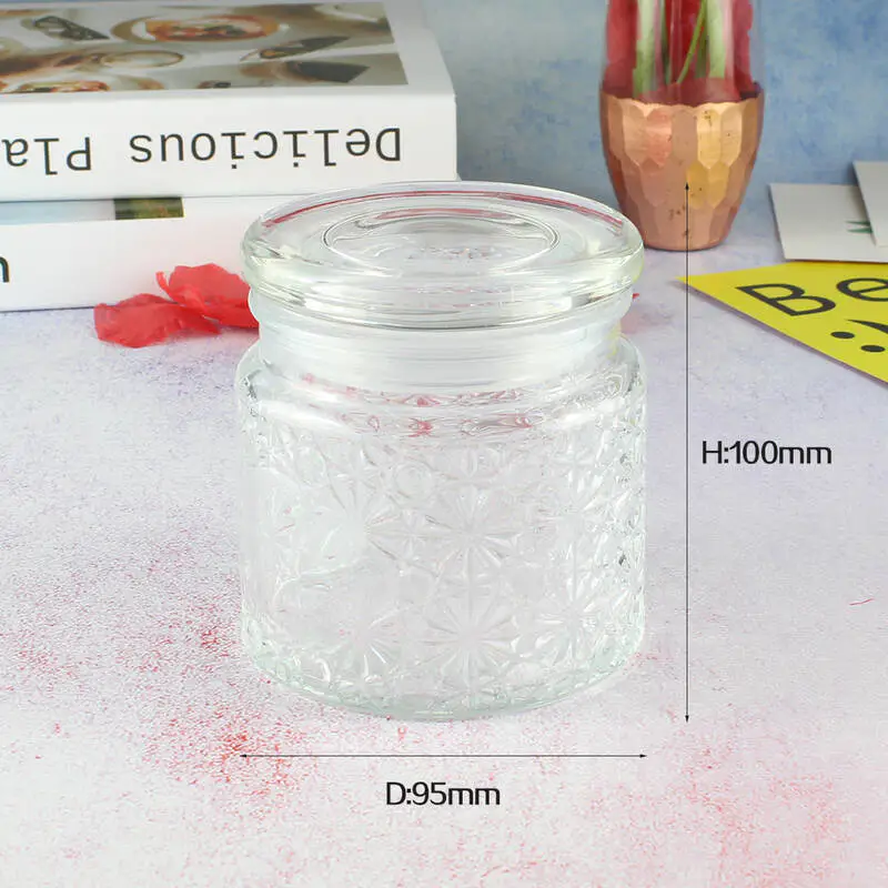 Empty embossed glass candle jar with air tight glass flat lid