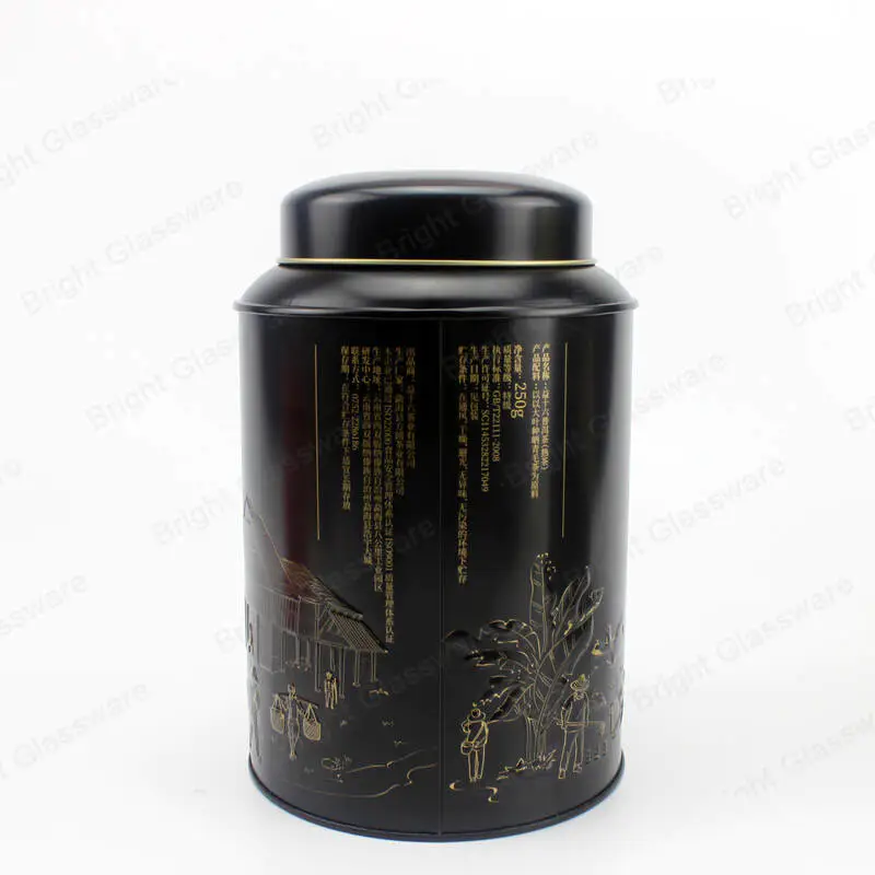 250g جولة معدنية سوداء القصدير يمكن حاوية الشاي مع غطاء