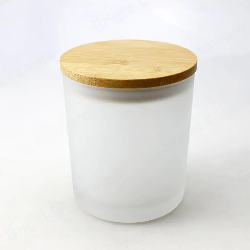 Frosted glass candle jar with wood lid white glass candle vessels wholesale