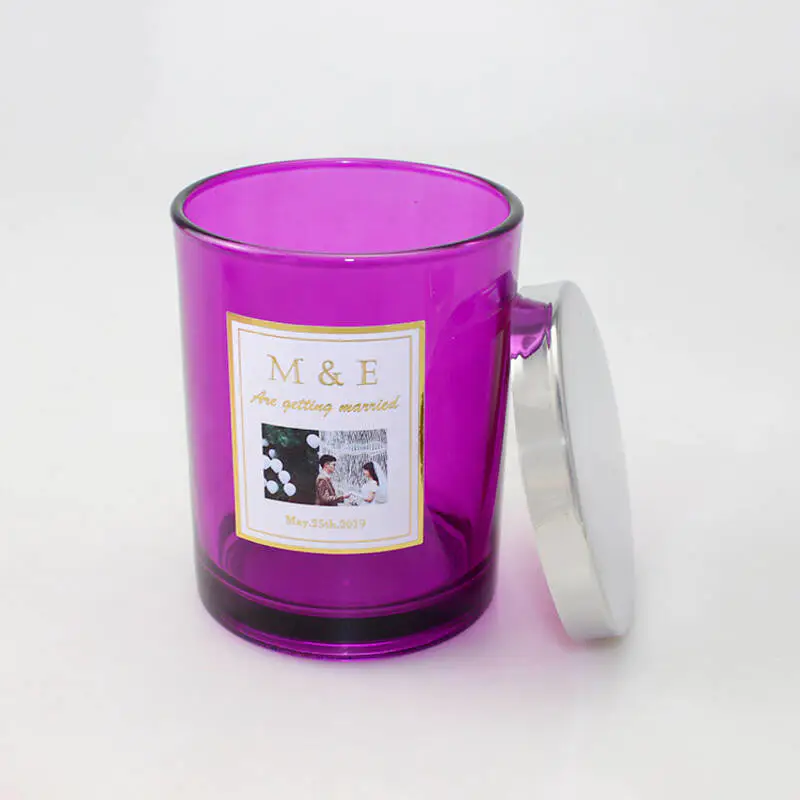 Good Price Purple Glass Candle Holder with Wooden Lid Colorful Rose Madder Glass Candle Jar