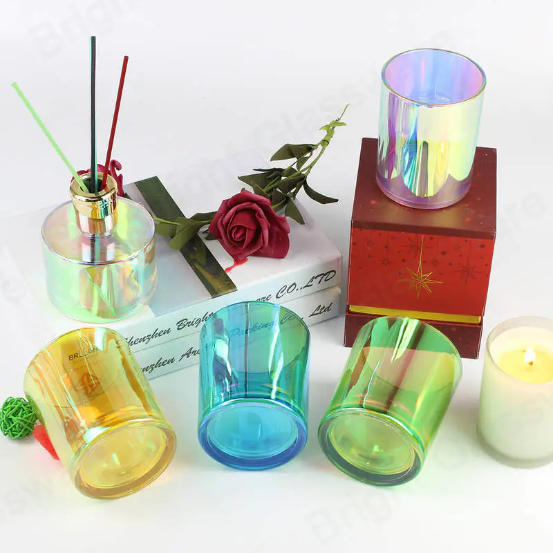 New Glass Decoration Plated Rainbow Glass Candle Holder With Iridescent Finish