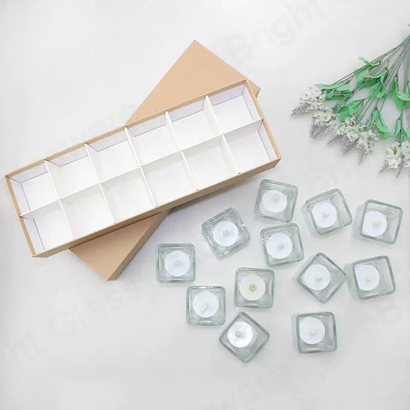 12 pcs Mini Square Tealight Glass Candle Holder Gift Set With Kraft Paper Packaging box for Wedding
