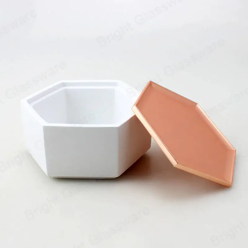 New design luxury white hexagon cement concrete candle jar with copper lid