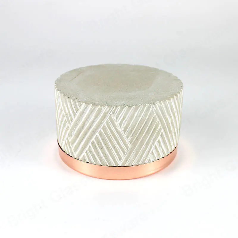 New design engraving grey cement candle holder with rose gold metal lid