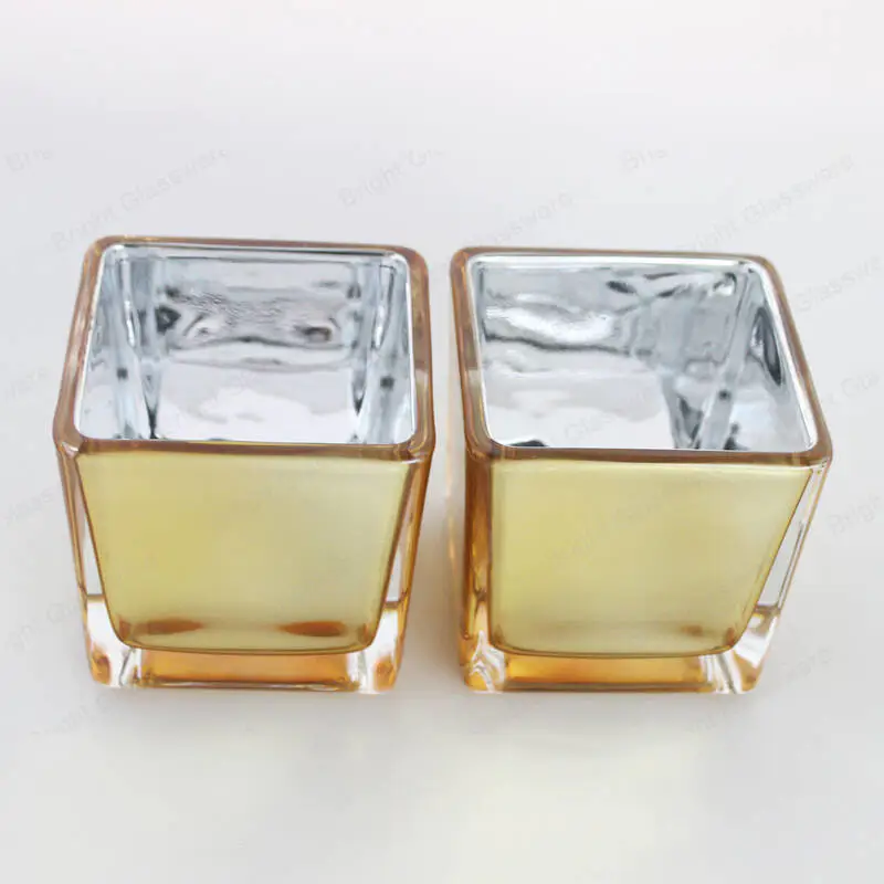 Electroplated Gold Glass Votive Candle Jars Square Cube Glass Container