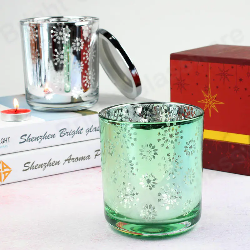 新しいデザインクリスマステーマエレクトロメッキとレーザー彫刻仕上げ花柄キャンドルコンテナキャンドル瓶ガラス