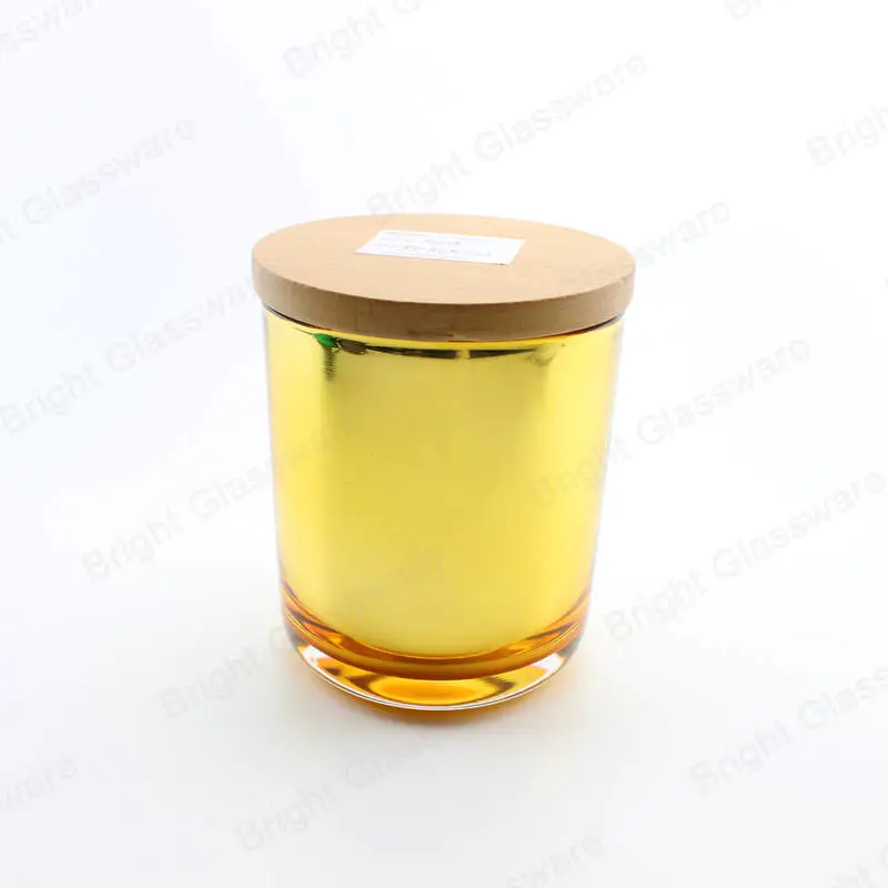 custom colorful electroplated glass candle jar with metal/wooden lid wholesale