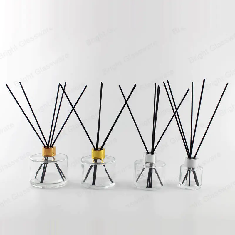 200ml 150ml 100ml 50ml clear glass round reed diffuser bottle with gold silver cap and black rattan sticks