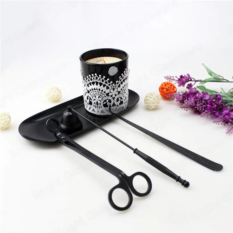 Luxury candle tool black candle care kit 4 piece set wick trimmer/dipper/snuffer/tray wholesale 