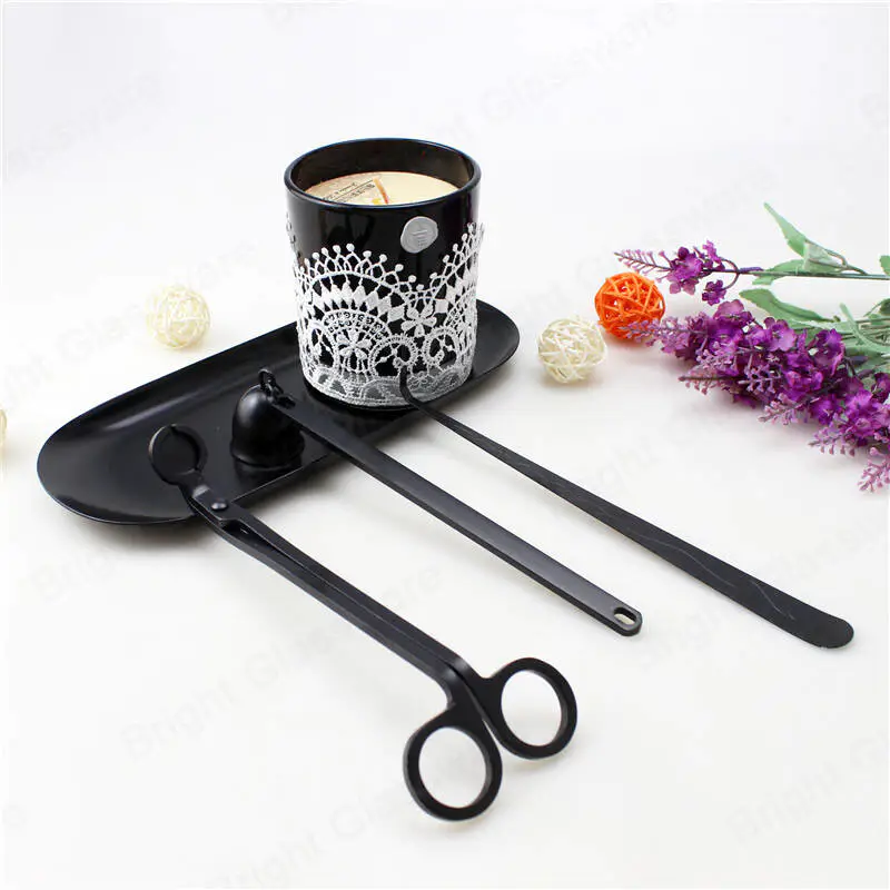 Luxury candle tool black candle care kit 4 piece set wick trimmer/dipper/snuffer/tray wholesale 