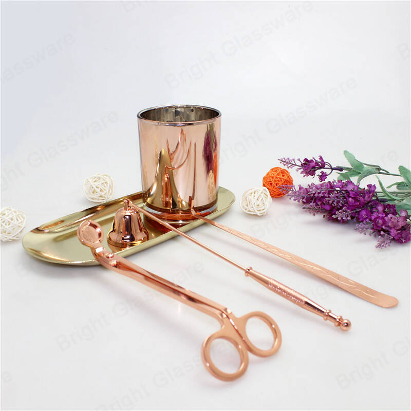 4 in 1 candle accessory set wholesale rose gold wick trimmer,dipper,bell snuffer,storage tray for wedding gift