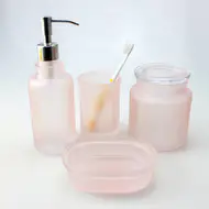 frosted pink bathroom accessories sets 4 pieces,bath salt glass jar , shampoo pump bottle, glass soap dish