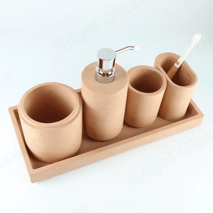 modern 6 pieces cement bathroom accessories kit soap dish toothbrush holder tray shower gel bottle concrete 