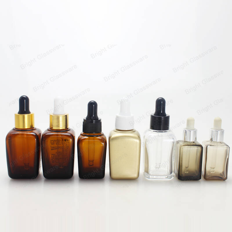 wholesale 30ml square shape essential oil amber cosmetic glass bottle with dropper